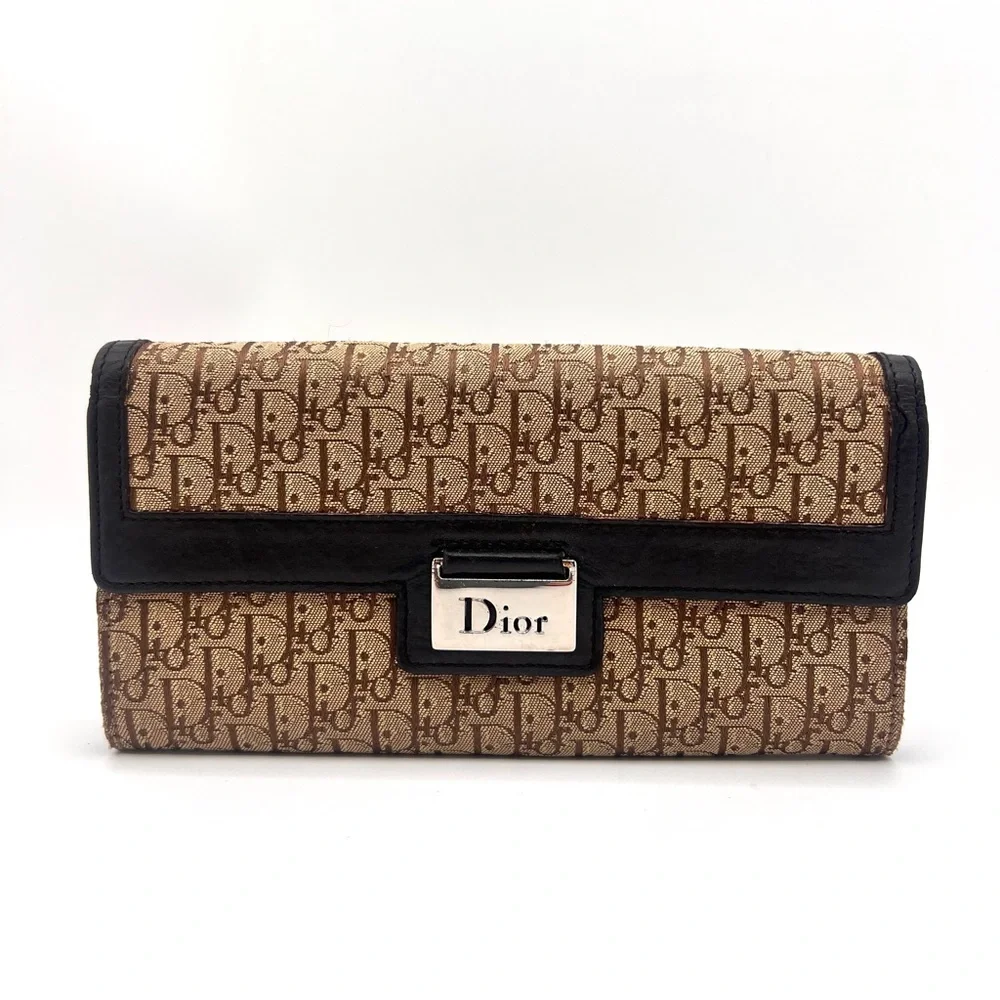 Authentic Christian DIOR Canvas x Leather Monogram Folding Long Wallet